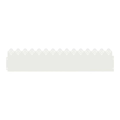 Close up of a single white steel lawn edging with a decorative fleur-de-lis pattern along the top edge