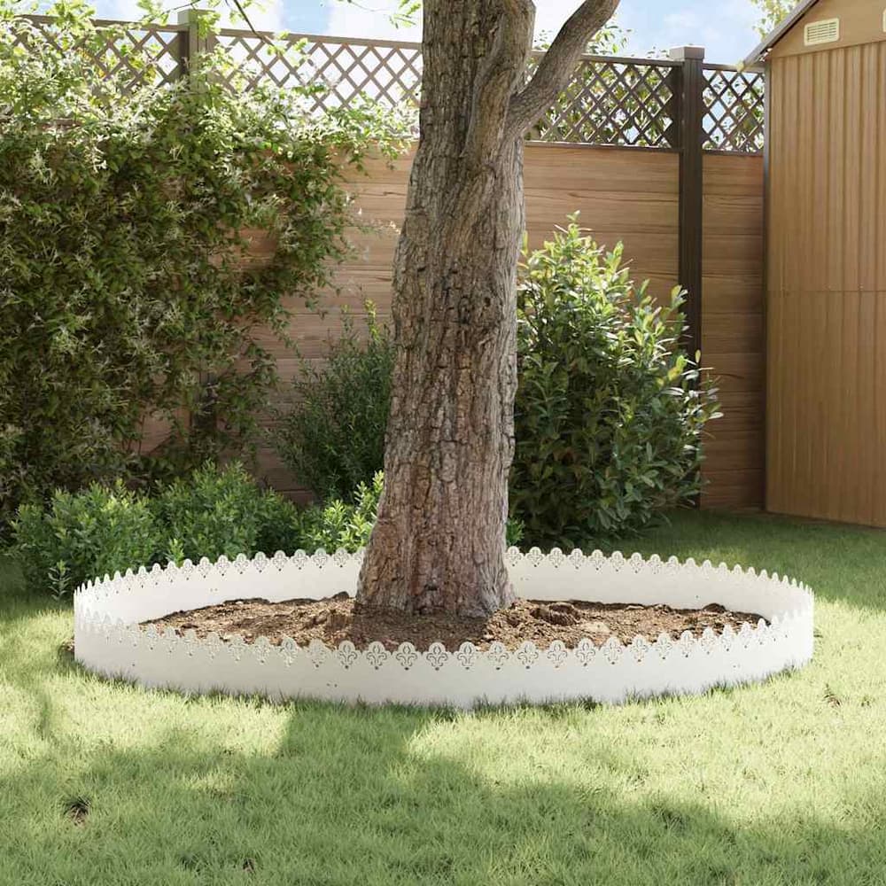 White steel lawn edgings forming a circular border around the base of a large tree on a lawn