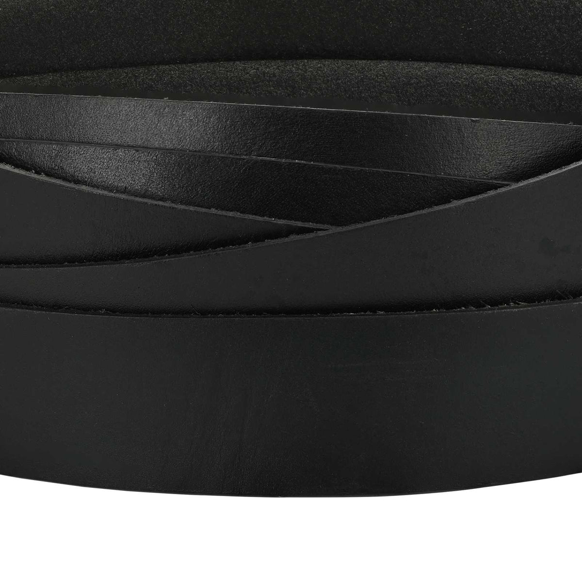 The black leather strap, coiled and viewed from above, showing the layers