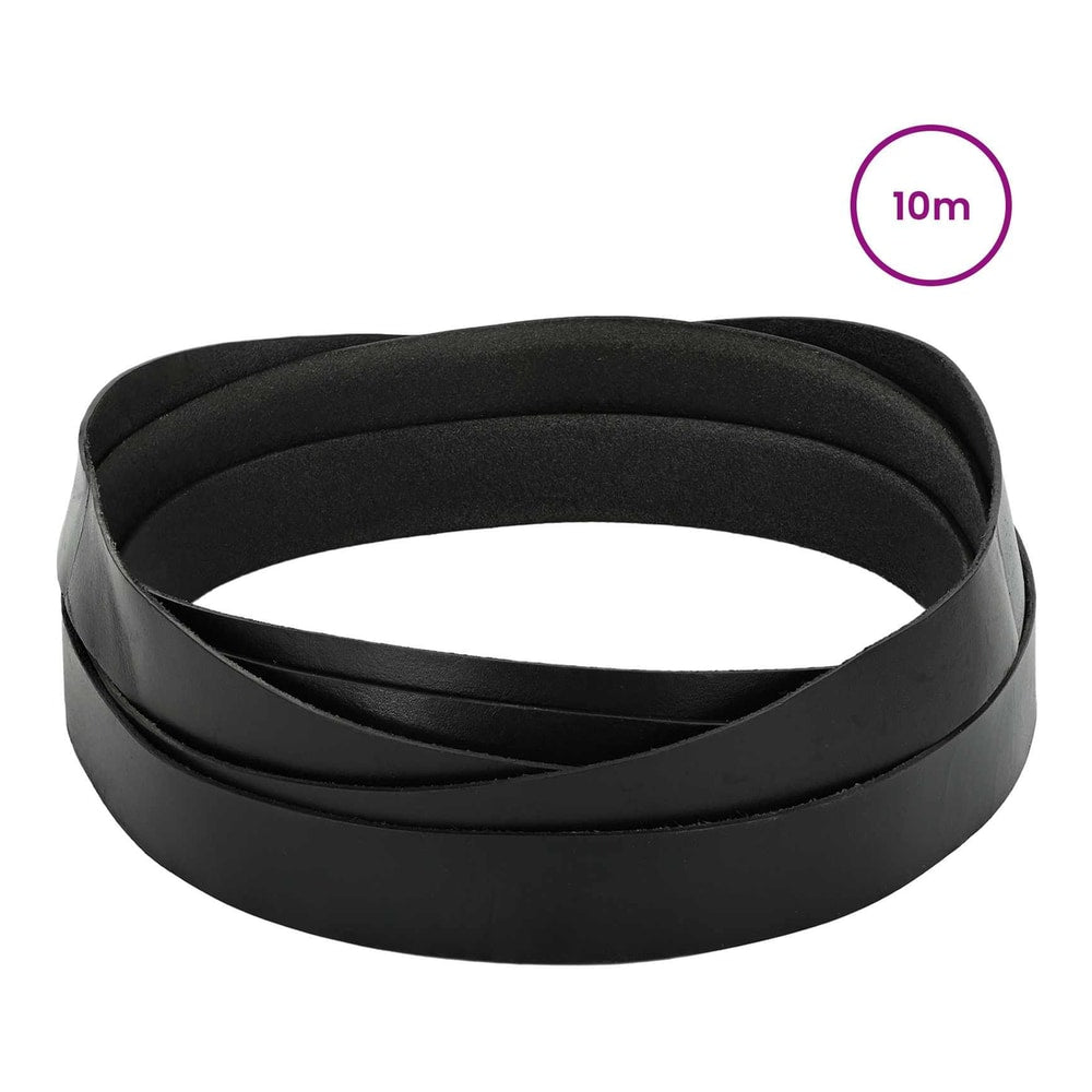 The black leather strap, coiled and showing its width, with a size indicator circle