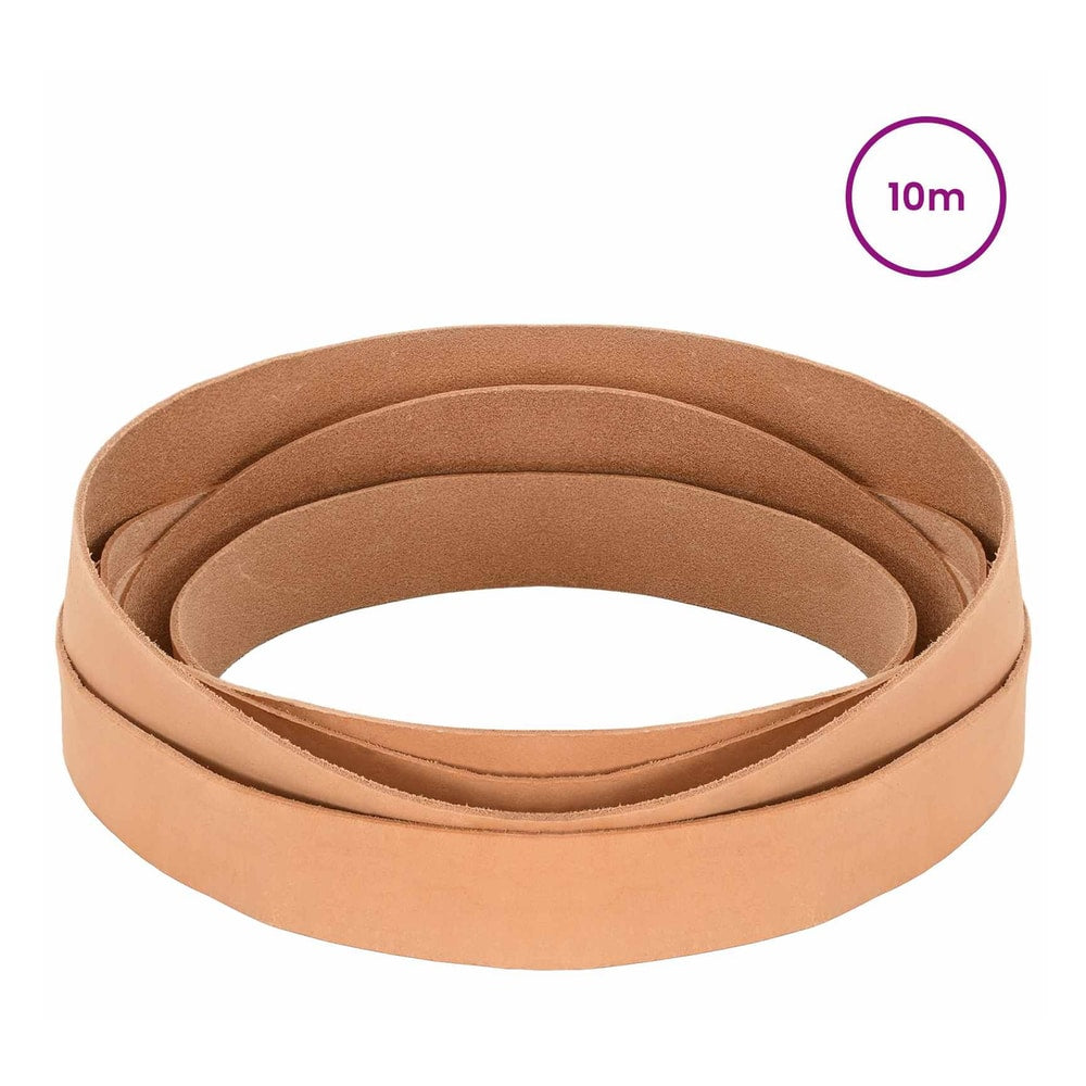 The leather strap, several light brown leather straps rolled together in a pile