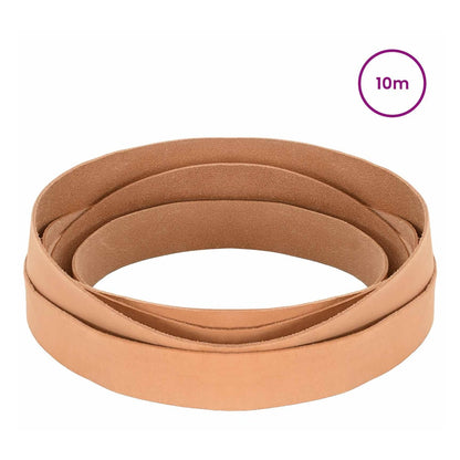 The leather strap, several light brown leather straps rolled together in a pile
