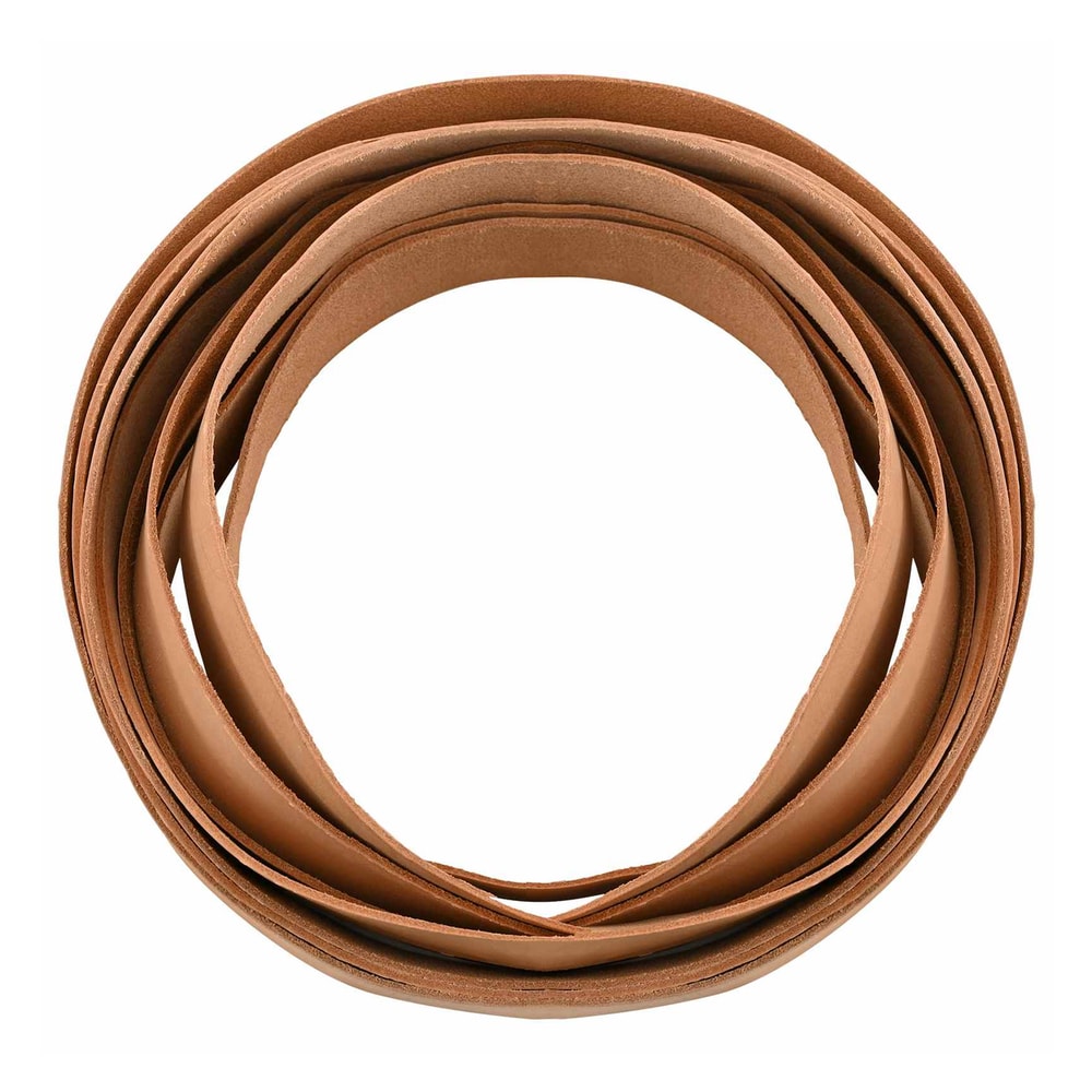 Several rolled strips of light brown leather stacked together