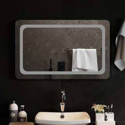 LED bathroom mirror with integrated lighting, angled view