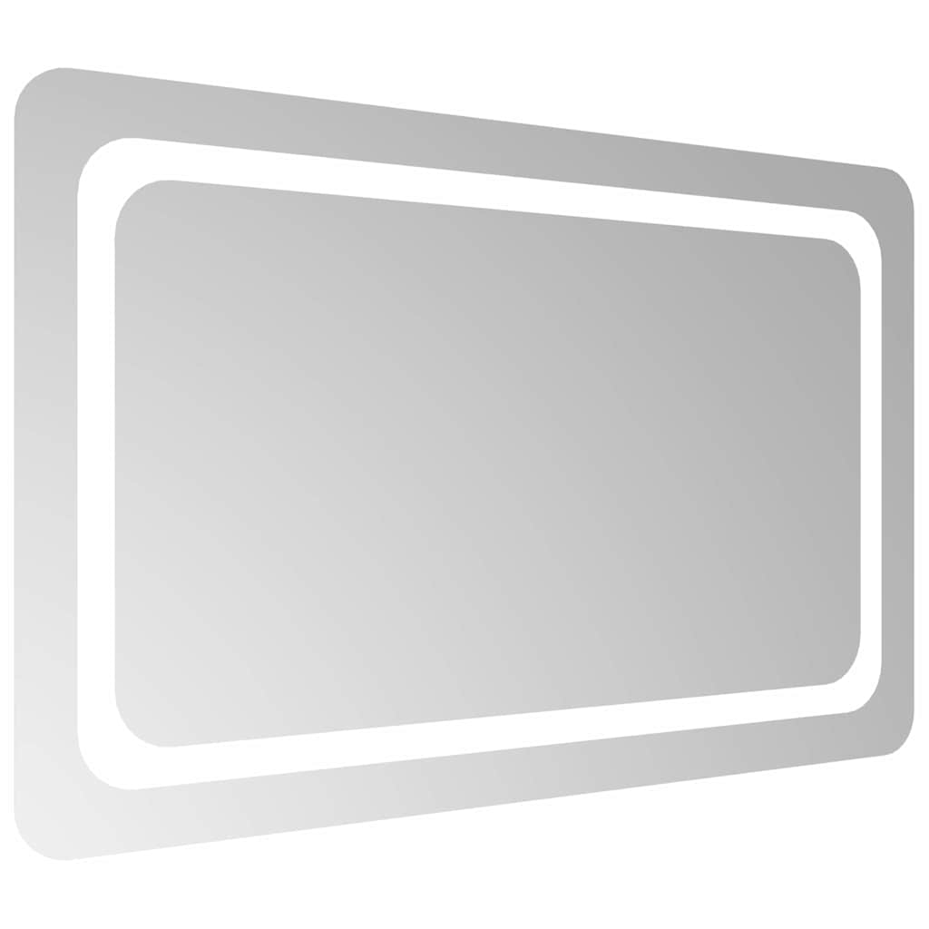 Rectangular bathroom mirror with illuminated border, angled view