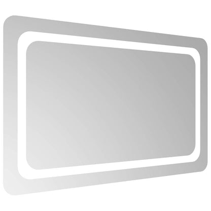 Rectangular bathroom mirror with illuminated border, angled view