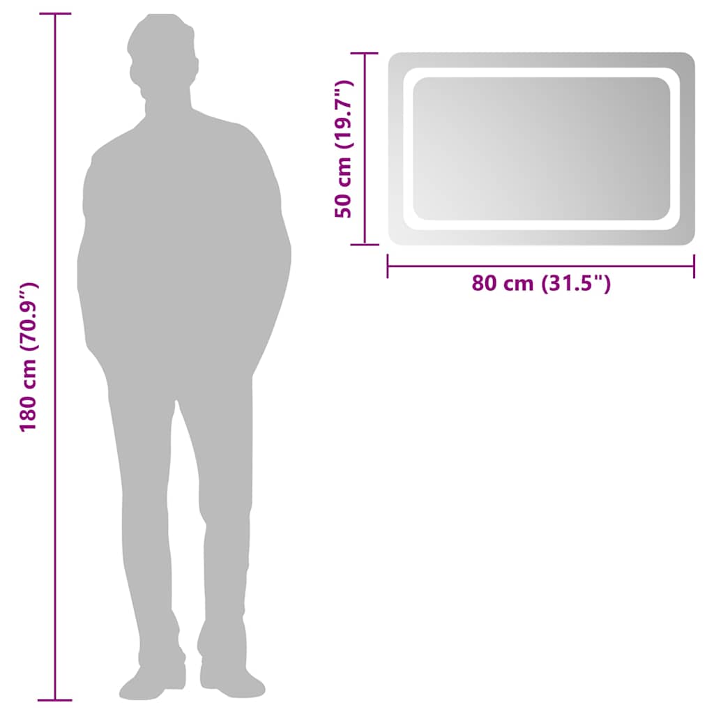Scale diagram showing the LED bathroom mirror next to a person