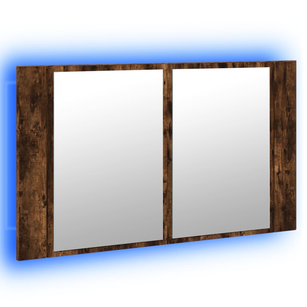 Smoked oak bathroom vanity unit with mirrored doors and LED lighting