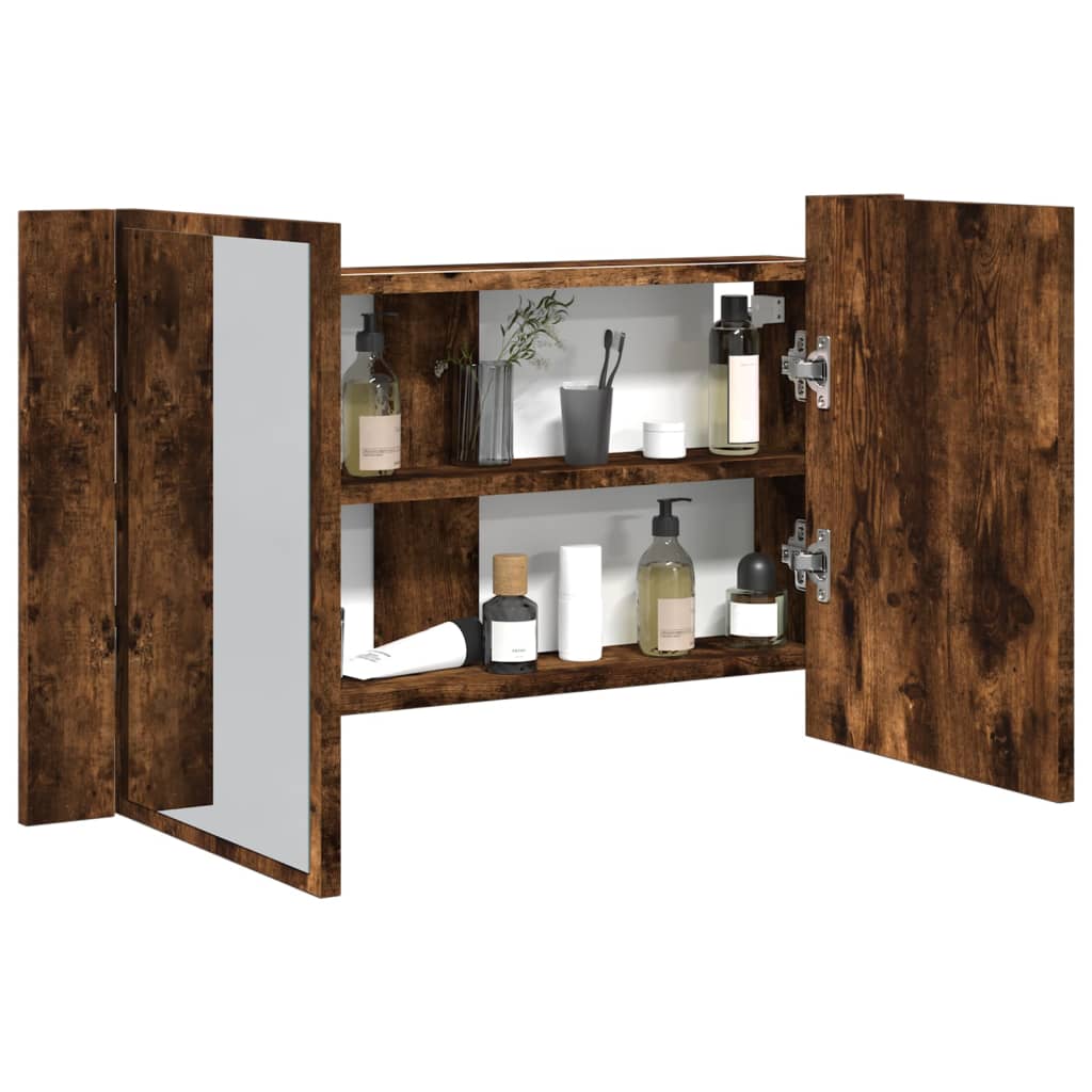 vidaXL LED Bathroom Mirror Cabinet Smoked Oak Acrylic with doors open showing shelves