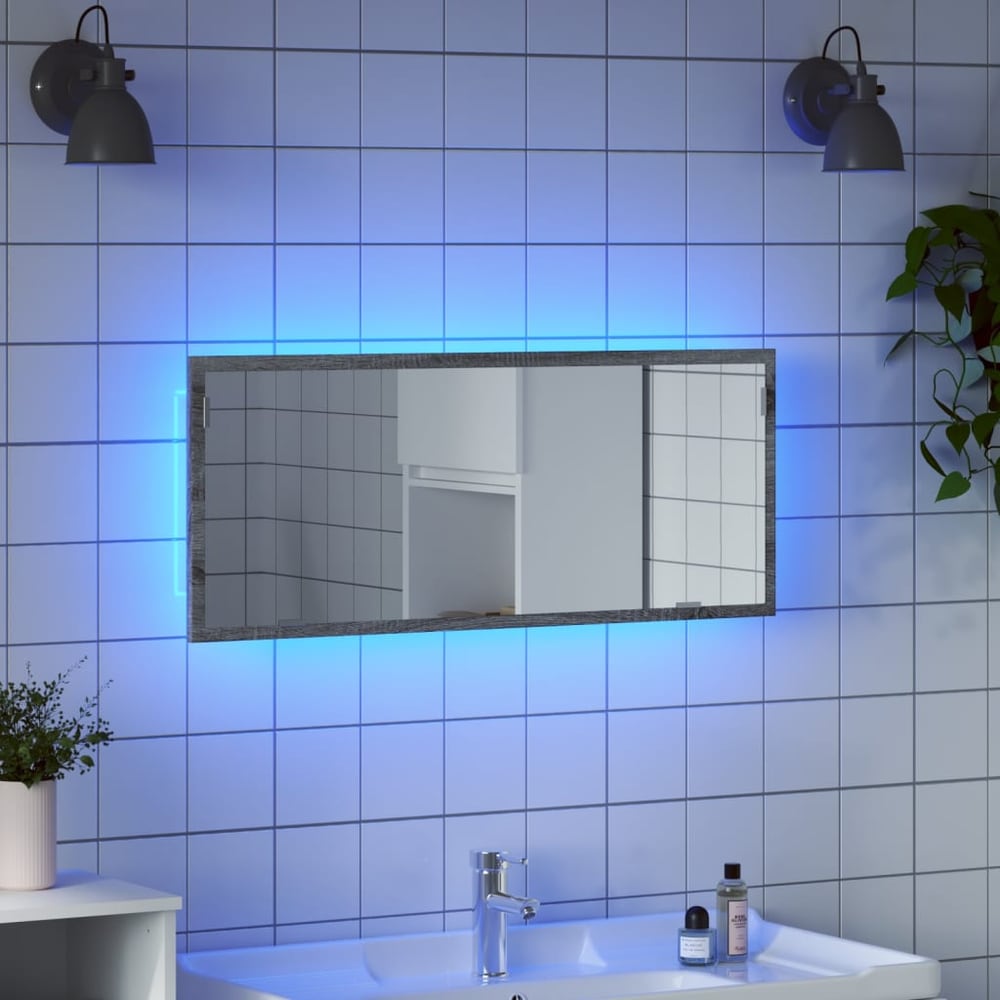vidaXL LED Bathroom Mirror Grey Sonoma Engineered Wood with blue LED lighting above a sink