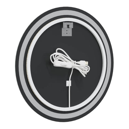 The back of the round bathroom mirror showing the mounting bracket and cable