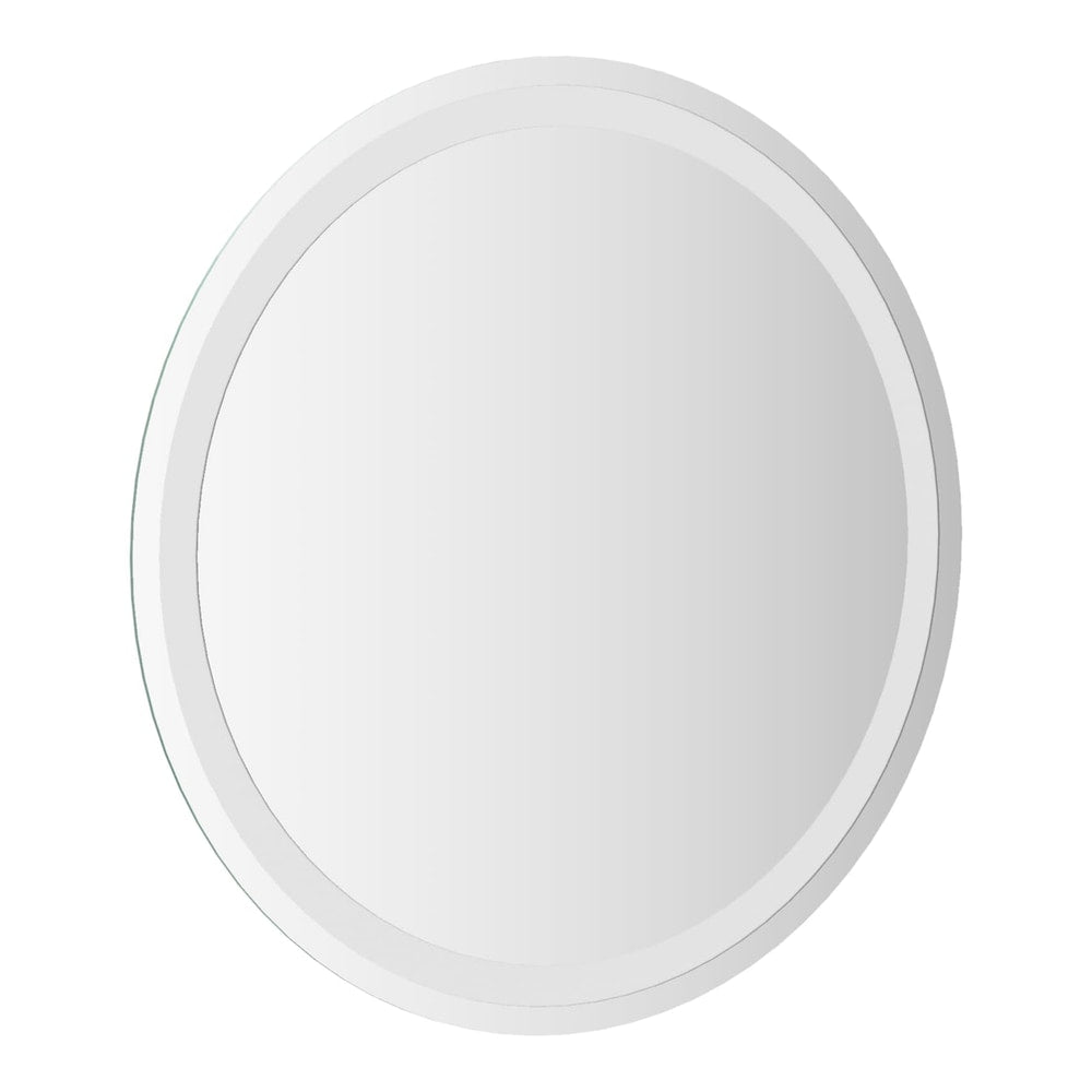A close-up of the bevelled edge of the round bathroom mirror