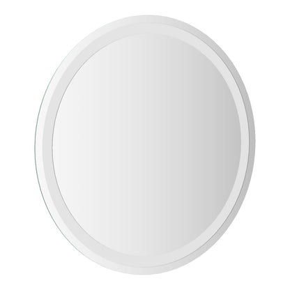 A close-up of the bevelled edge of the round bathroom mirror