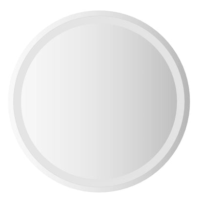 A plain round bathroom mirror with a subtle bevelled edge