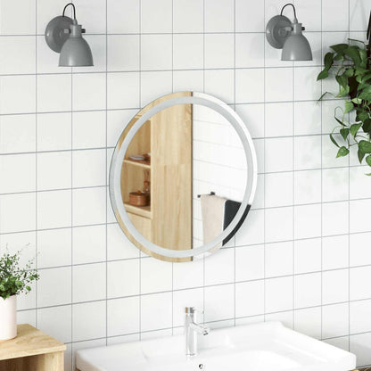 vidaXL LED Bathroom Mirror Transparent Tempered Glass mounted on a tiled wall above a sink