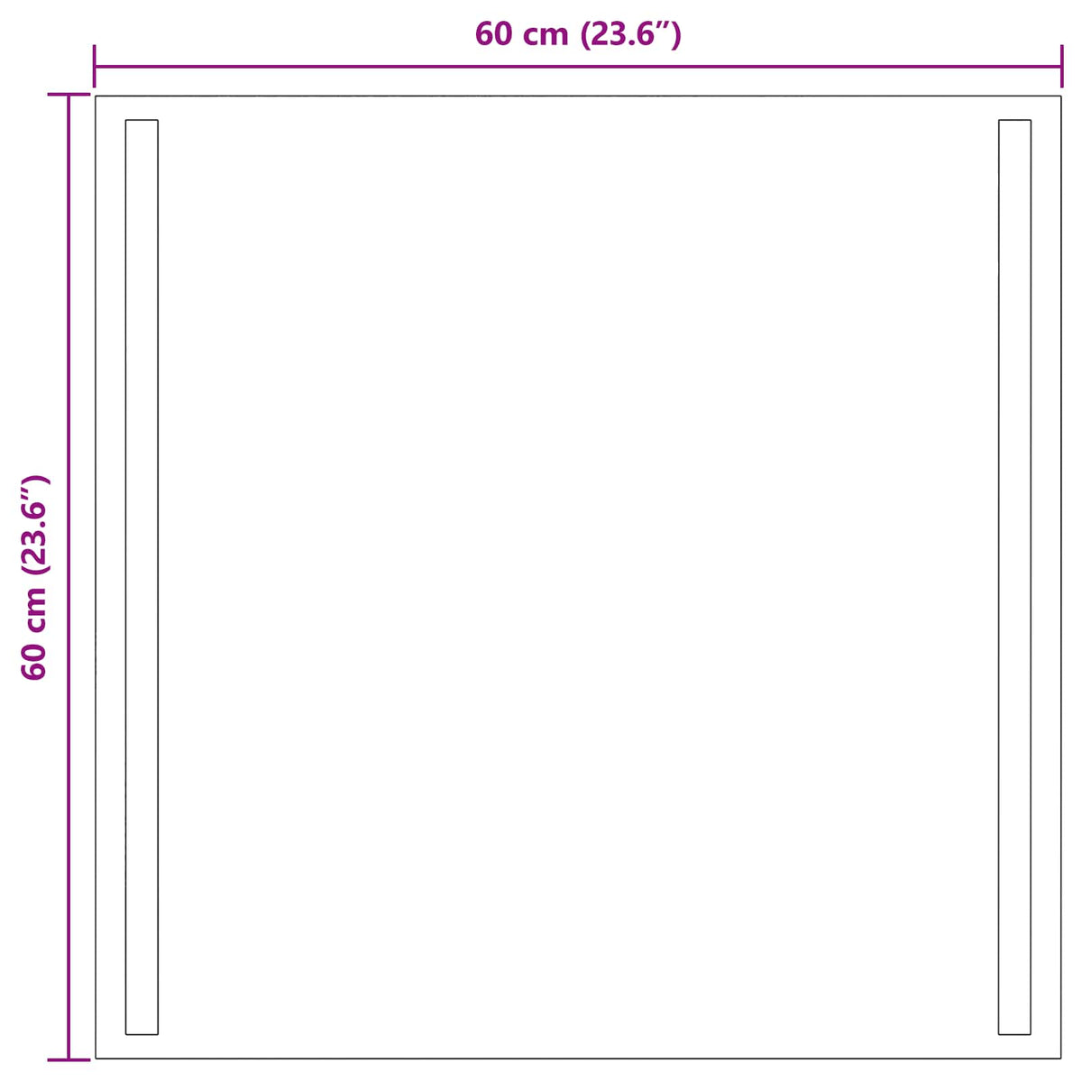 A diagram showing the dimensions of the transparent LED bathroom mirror, 60 cm by 60 cm