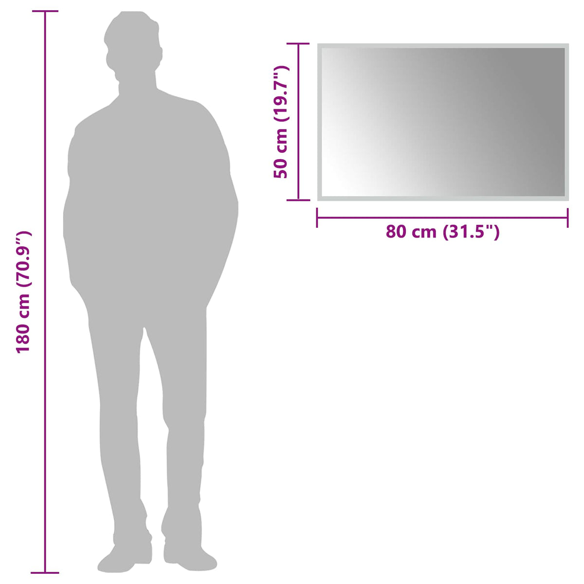 The bathroom mirror shown next to a human silhouette for a sense of scale and proportion