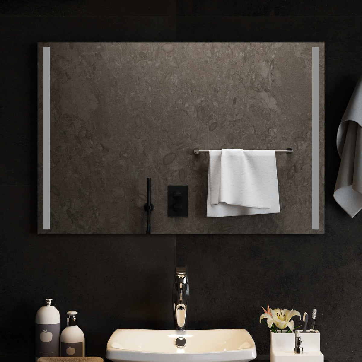 vidaXL LED Bathroom Mirror Transparent Tempered Glass with vertical lights on the sides, shown above a sink