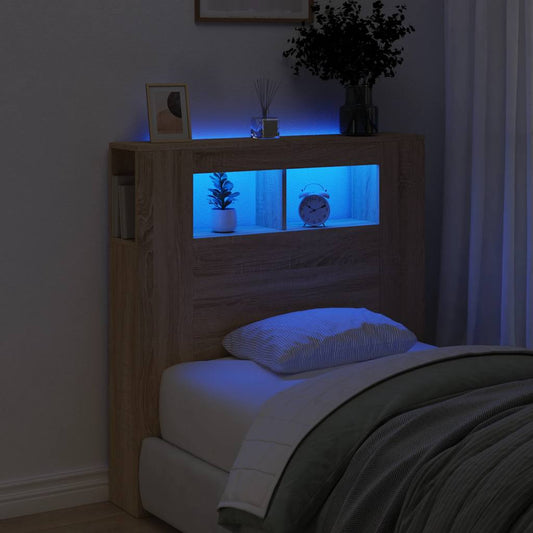 vidaXL LED Headboard Sonoma Oak Engineered Wood with integrated shelf and LED lighting
