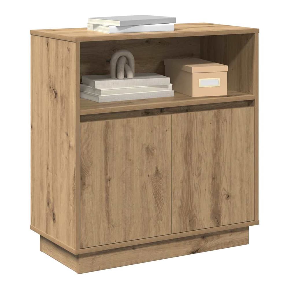 the oak sideboard with two doors and an open shelf, styled with books and a box