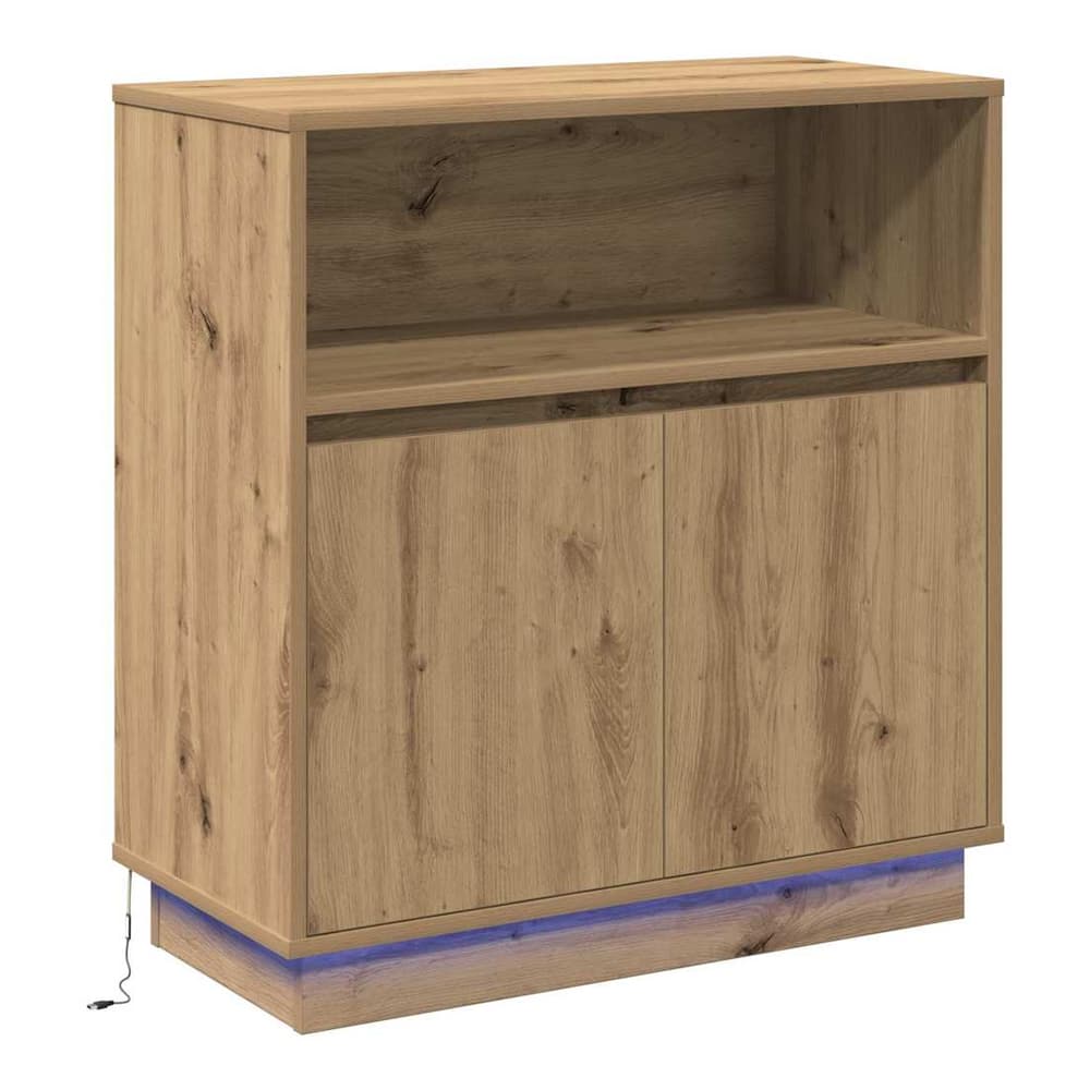 the sideboard with LED lighting at the base, showing the artisan oak finish