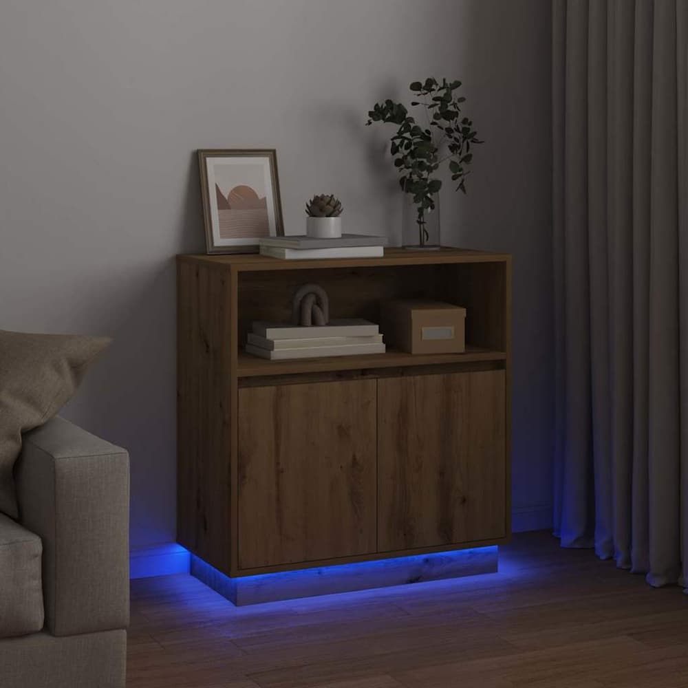 the sideboard at night with blue LED lighting illuminating the floor