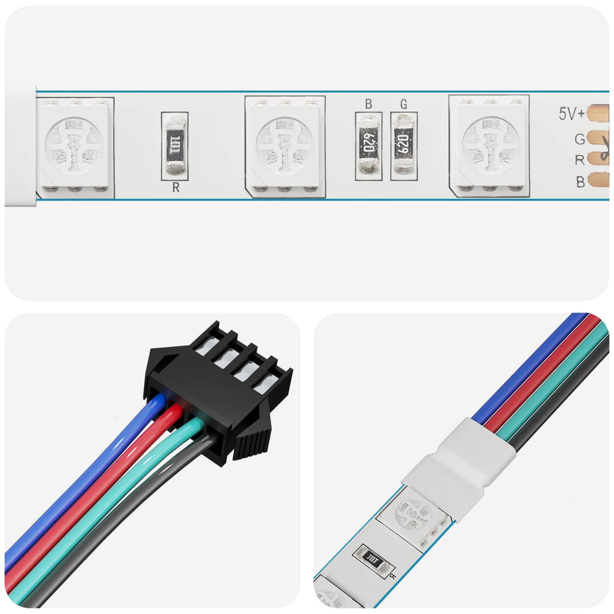 Close up of the LED strip light components and connector