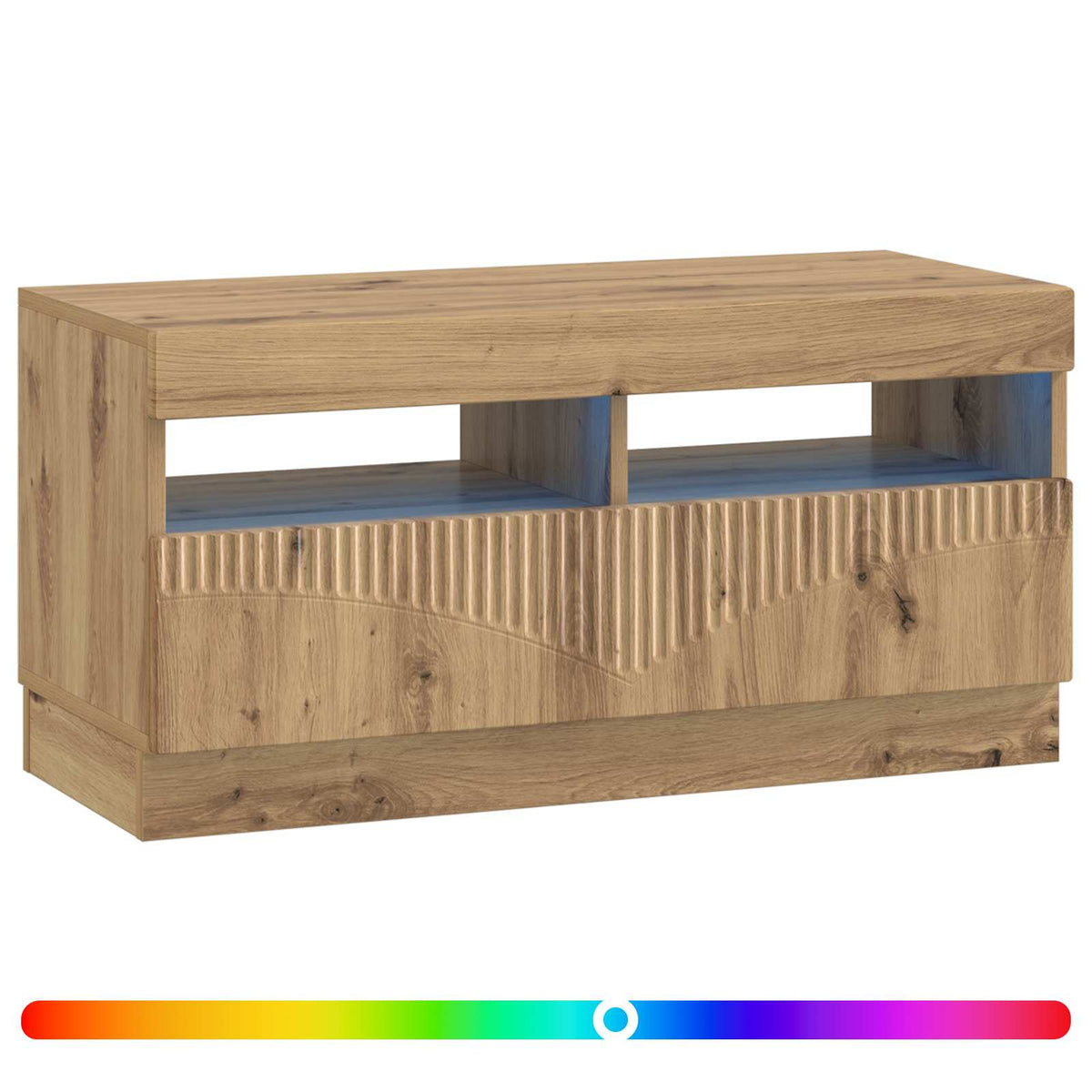 The TV cabinet in artisan oak engineered wood with a colour spectrum bar