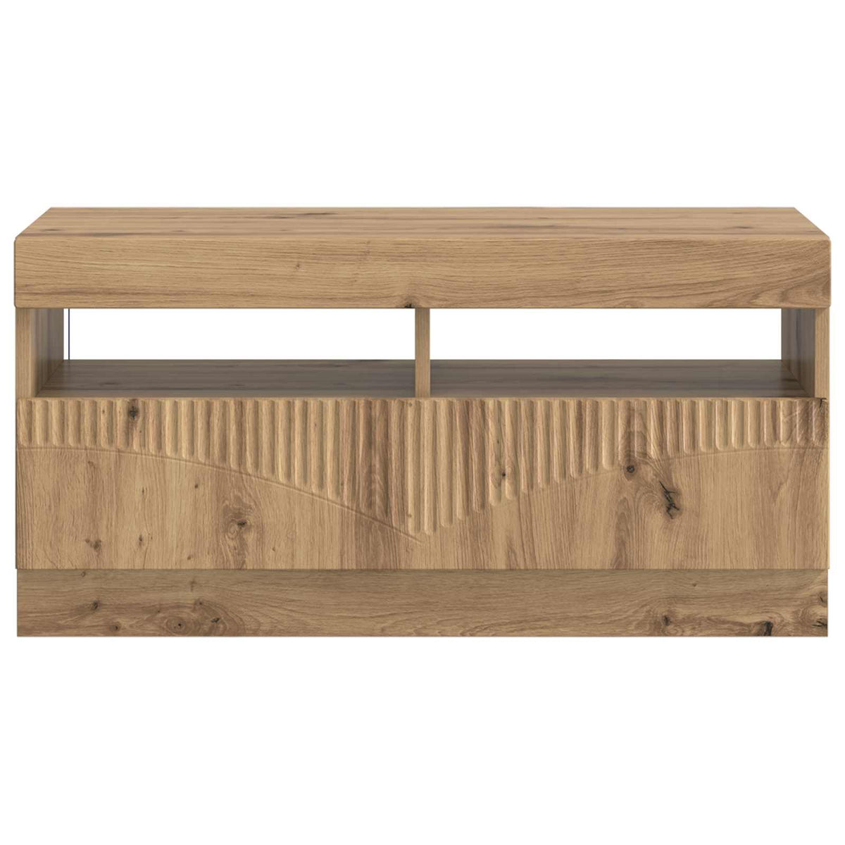 The TV cabinet in artisan oak engineered wood, showing the textured front