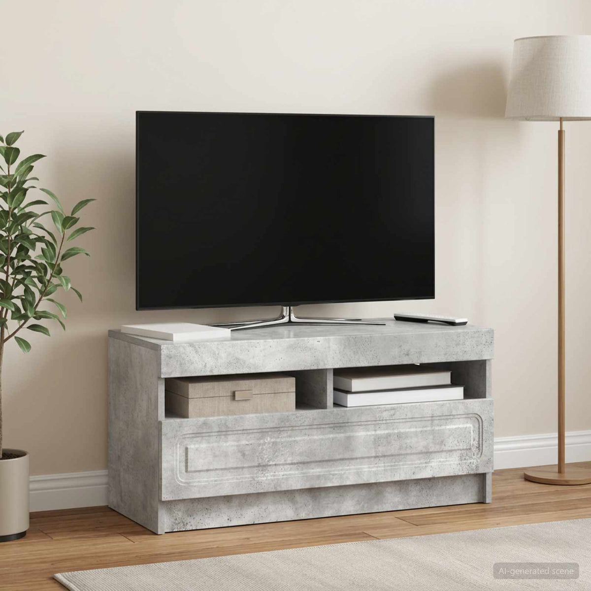 Concrete grey engineered wood TV cabinet with blue LED lighting in a living room setting