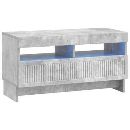 The TV cabinet has a ribbed drawer front and open shelves with blue LED lighting