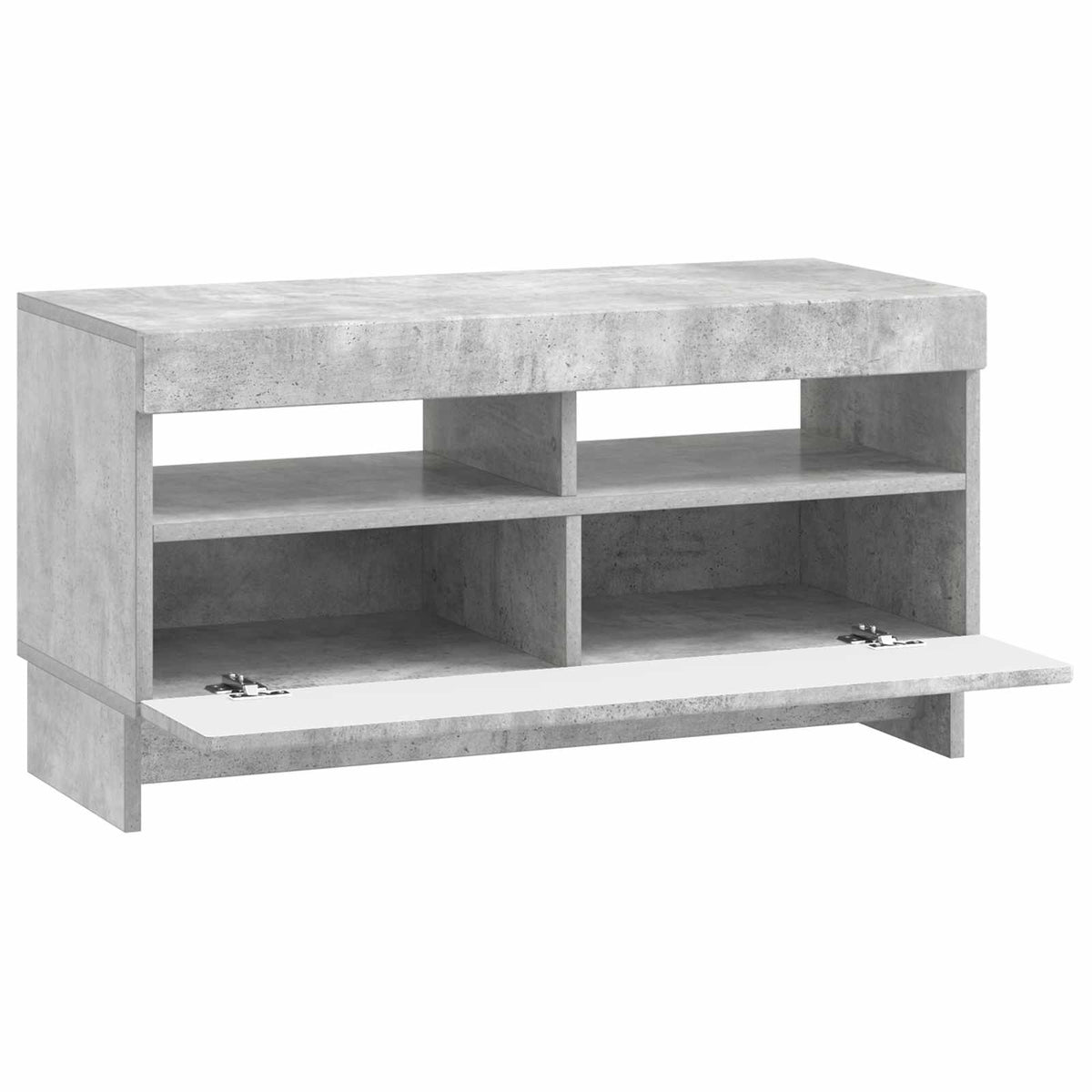 TV cabinet with doors open, revealing the internal shelves and storage compartments