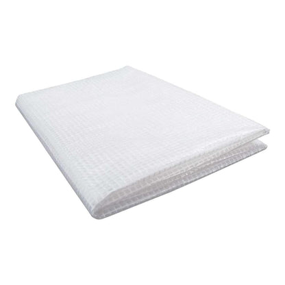 The white woven plastic tarpaulin spread out, showing its grid pattern and material