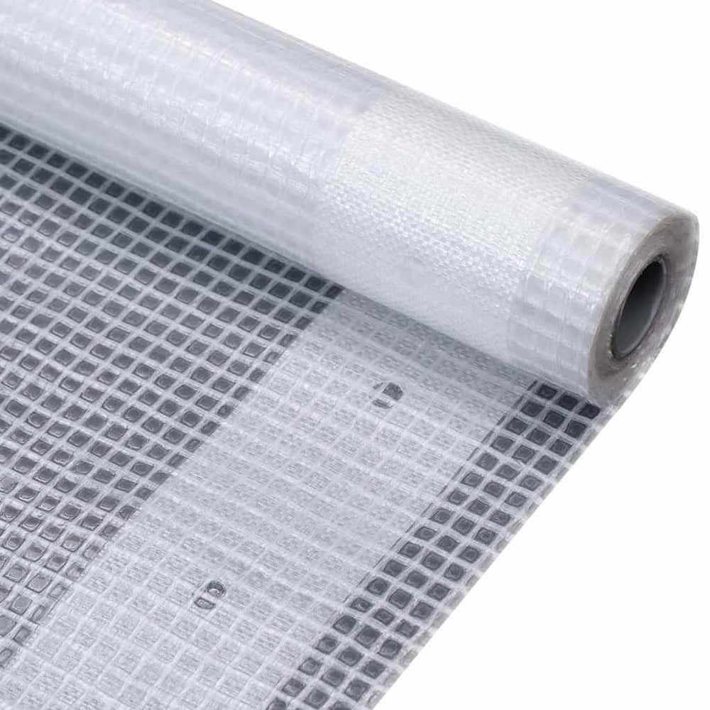 A white tarpaulin rolled up, showing the woven texture