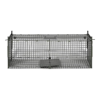 A wire mesh animal trap with a single door and a trigger plate visible