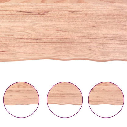 Close-up of the light brown solid wood countertop, showing the edge and grain