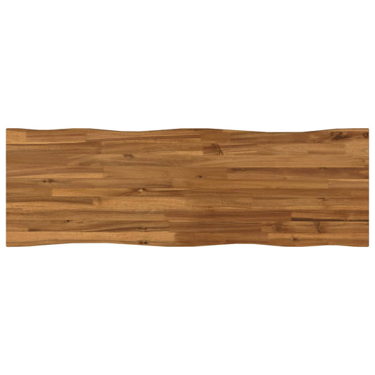 The wooden table top has a natural wavy edge and shows the wood grain pattern