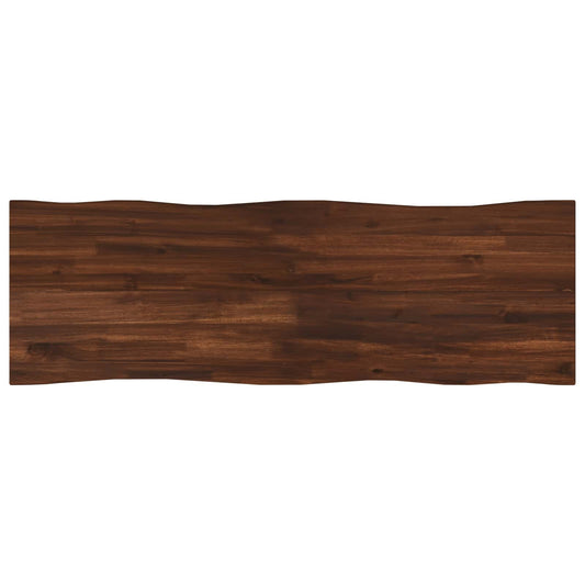 The rectangular table top has a natural wavy edge and a dark wood grain pattern