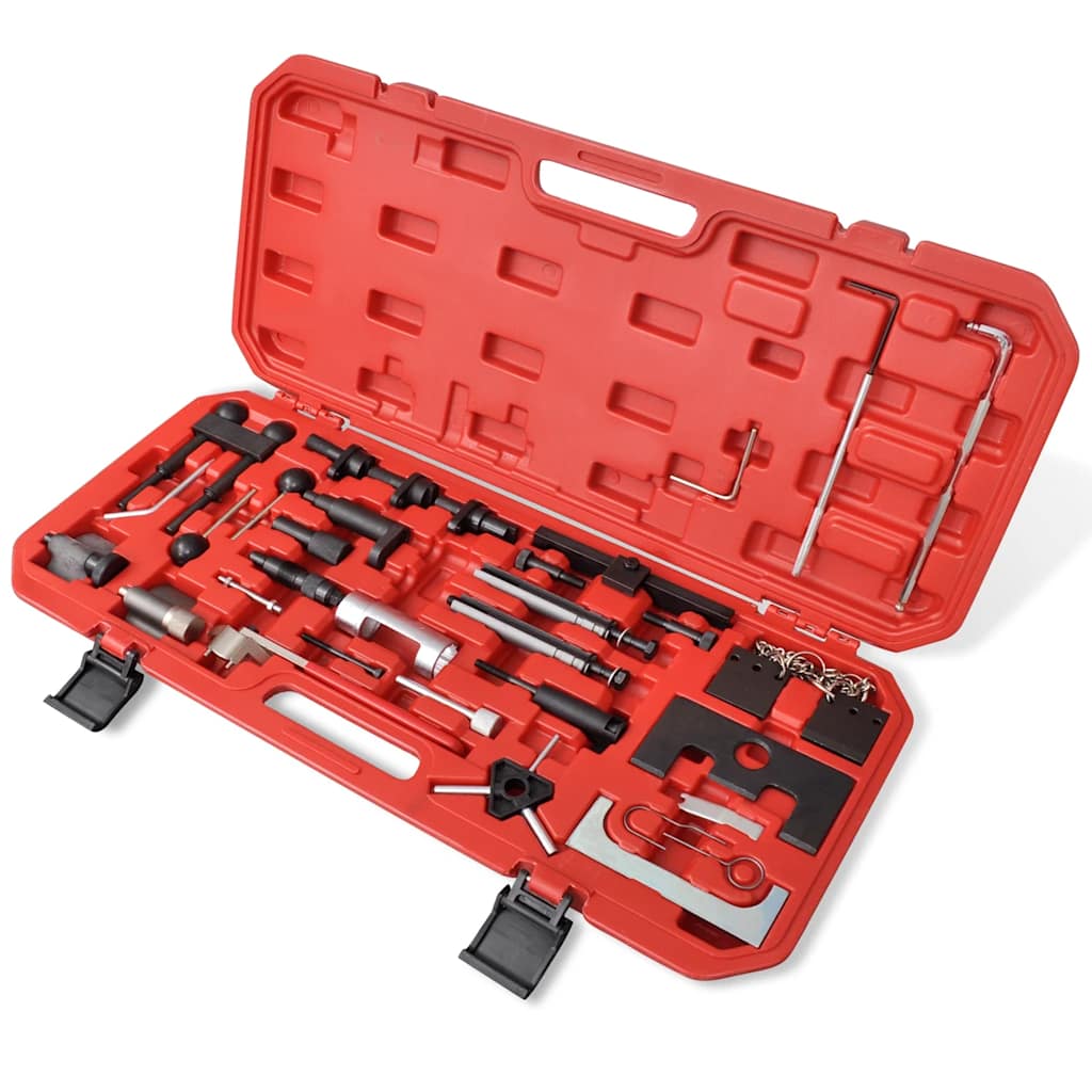 Red plastic case open showing a selection of metal diesel and gasoline engine timing tools