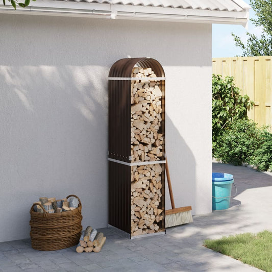 vidaXL Log Holder Brown Galvanised Steel standing against a white wall filled with chopped firewood