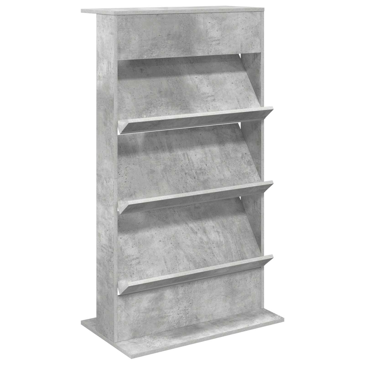 A tall media storage cabinet in concrete grey, showing its full height and width