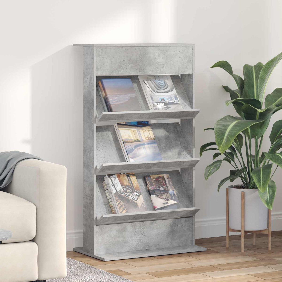 vidaXL Magazine Rack Concrete Grey Engineered Wood, a tall unit with four slanted shelves for magazines