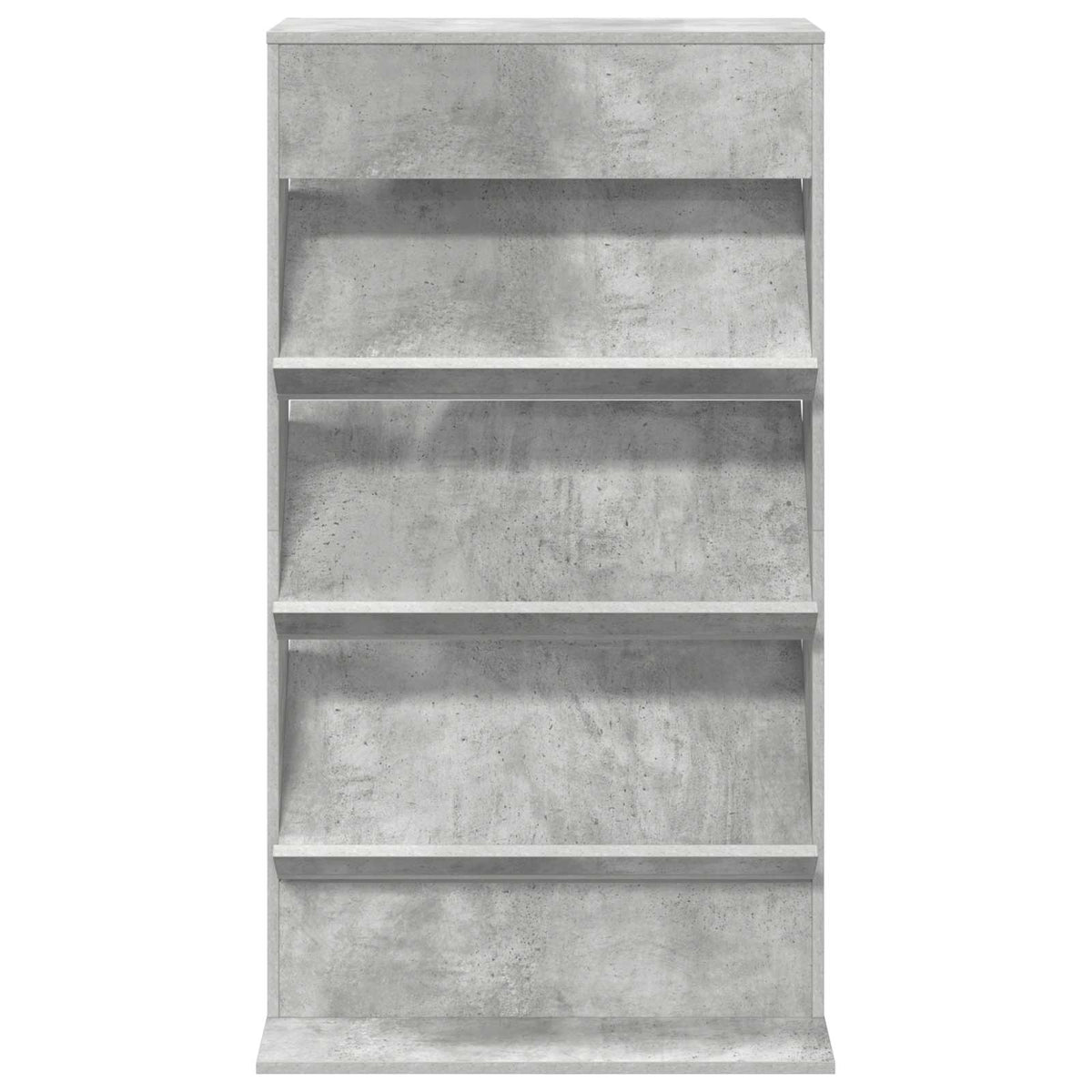 Rear view of the concrete grey media storage rack, showing its simple back panel