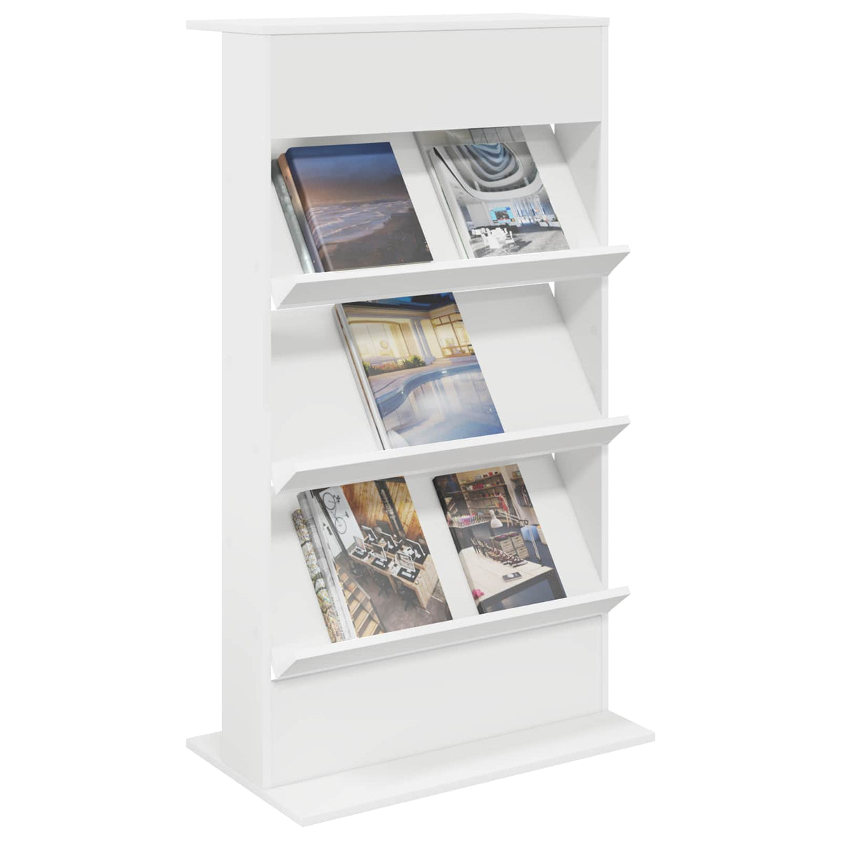 White engineered wood magazine rack with magazines on shelves