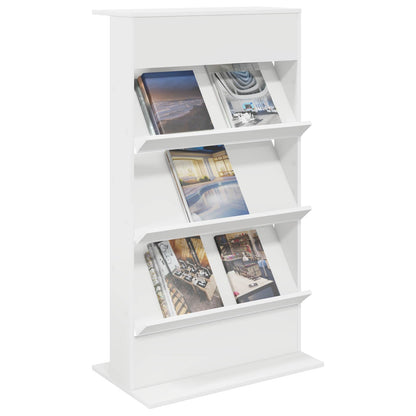 White engineered wood magazine rack with magazines on shelves