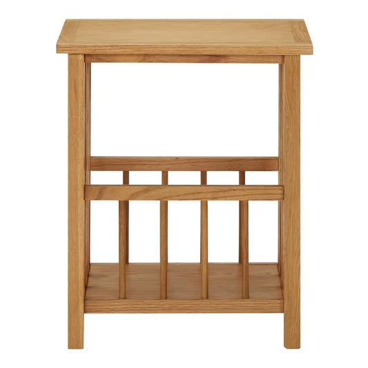 The wooden end table from the front, showing its slatted sides and top surface