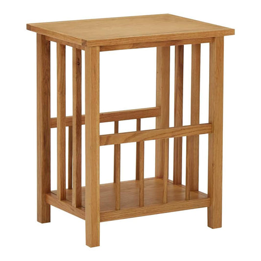 Magazine Table Solid Oak Wood, a light brown wooden end table with a slatted shelf and magazine rack