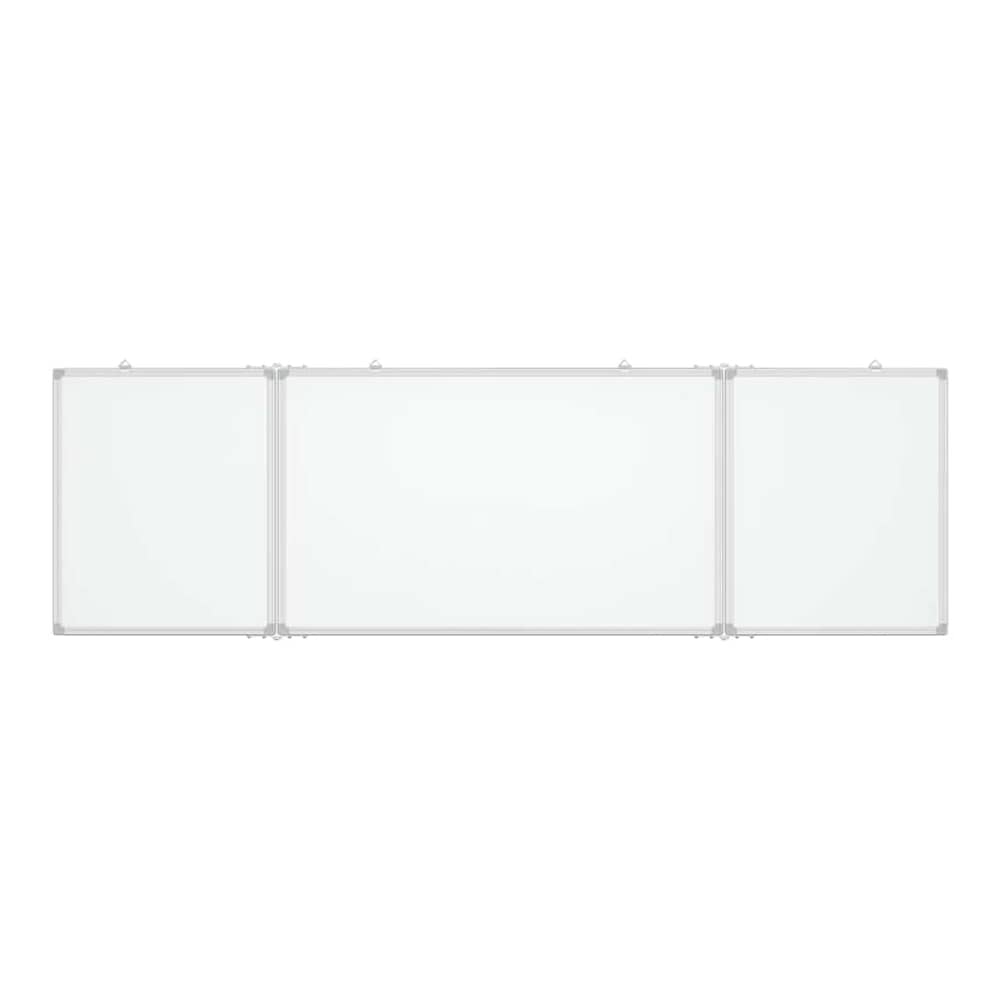The three-panel foldable whiteboard is shown fully extended and mounted on a wall
