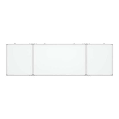The three-panel foldable whiteboard is shown fully extended and mounted on a wall