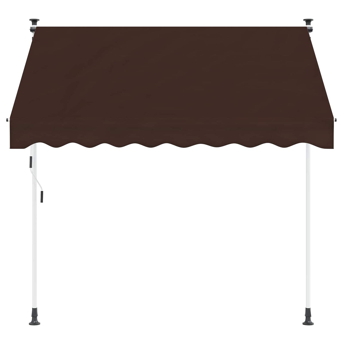 The brown retractable awning fully extended with scalloped edge